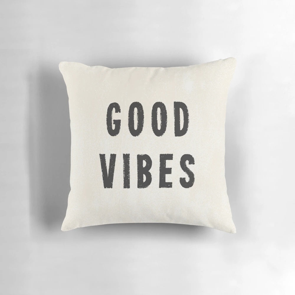 Distressed ink printed black and white throw pillow with grunge, vintage typography design