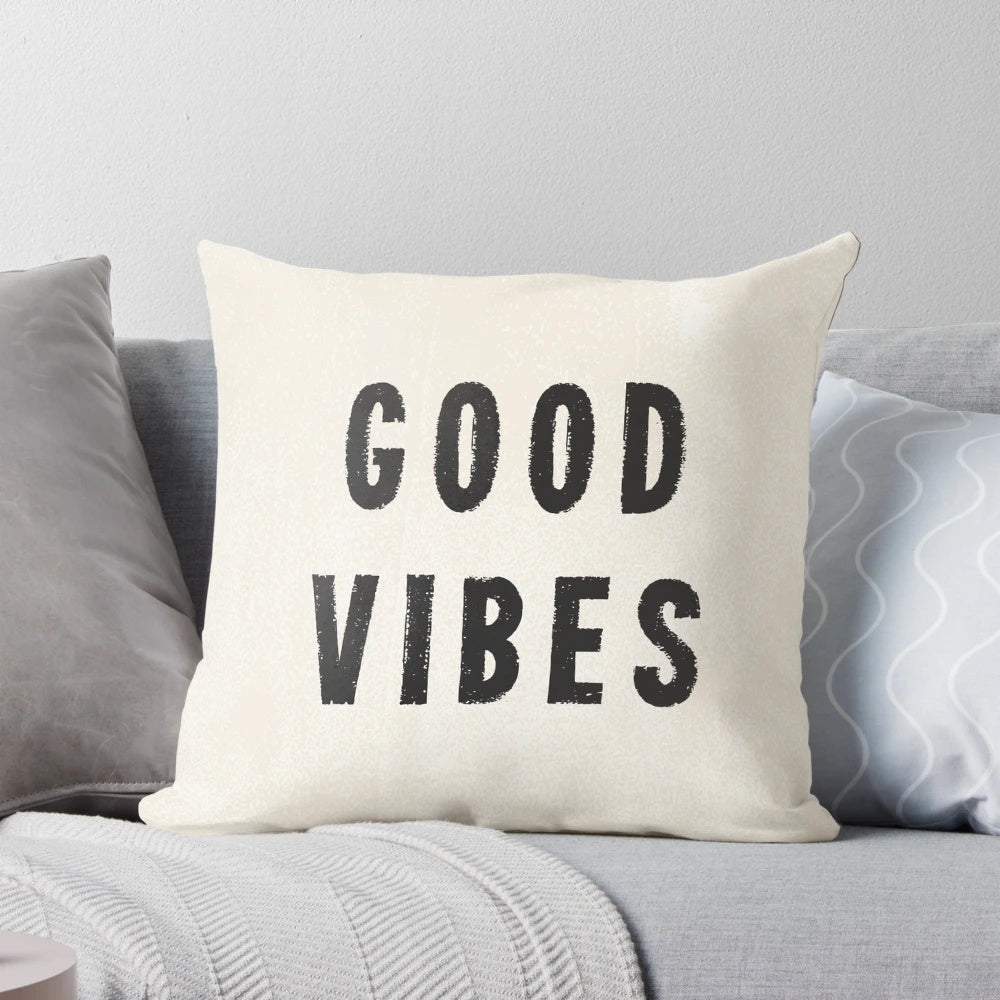 Distressed ink printed black and white throw pillow with grunge, vintage typography design
