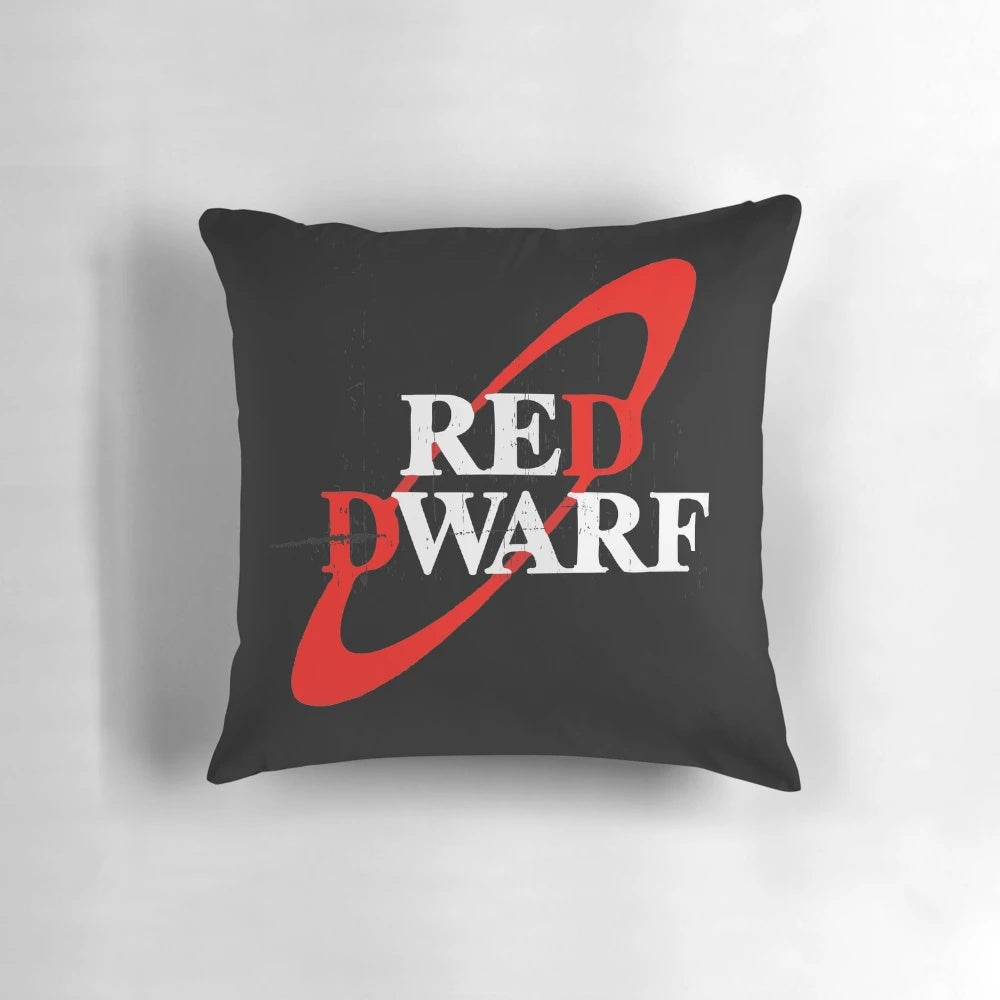 Distressed Red Dwarf Logo Sci-Fi Pillow featuring the iconic logo and characters from the British sci-fi comedy series