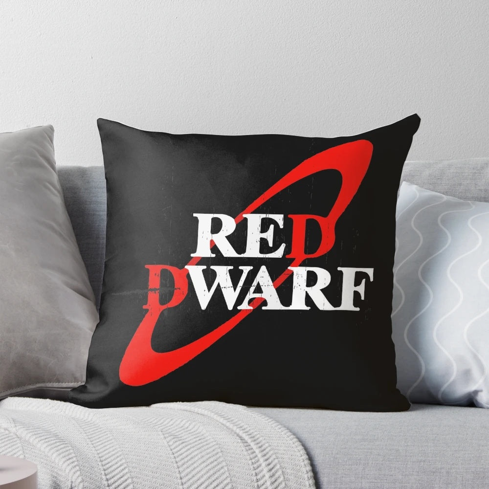 Distressed Red Dwarf Logo Sci-Fi Pillow featuring the iconic logo and characters from the British sci-fi comedy series