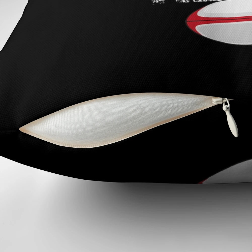 A distressed vintage-style rugby pillow with the England flag and "Eat Sleep Rugby Repeat" design.