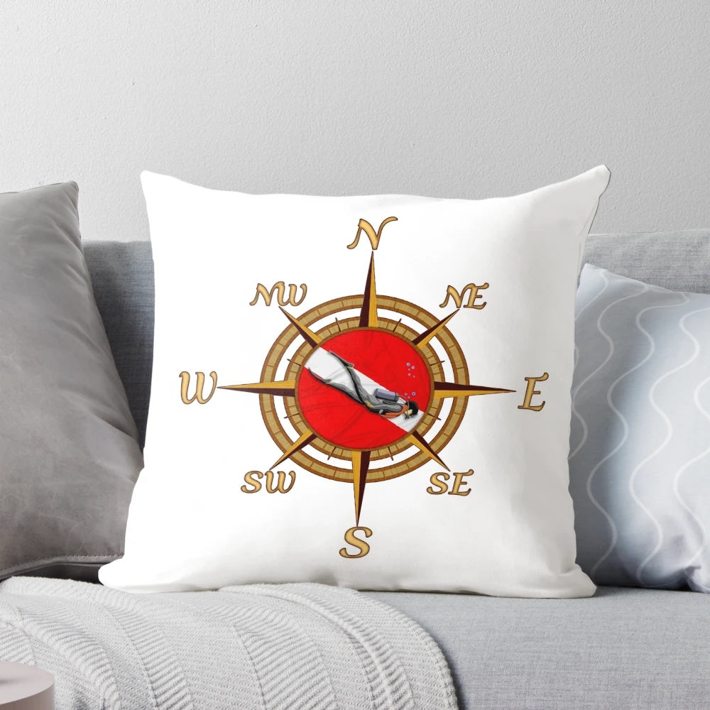 Diver and Dive Compass Pillow, featuring a scuba diver and compass rose design