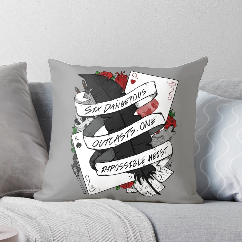 "Six of Crows" themed pillow featuring the main characters and iconic symbols from the fantasy fiction series