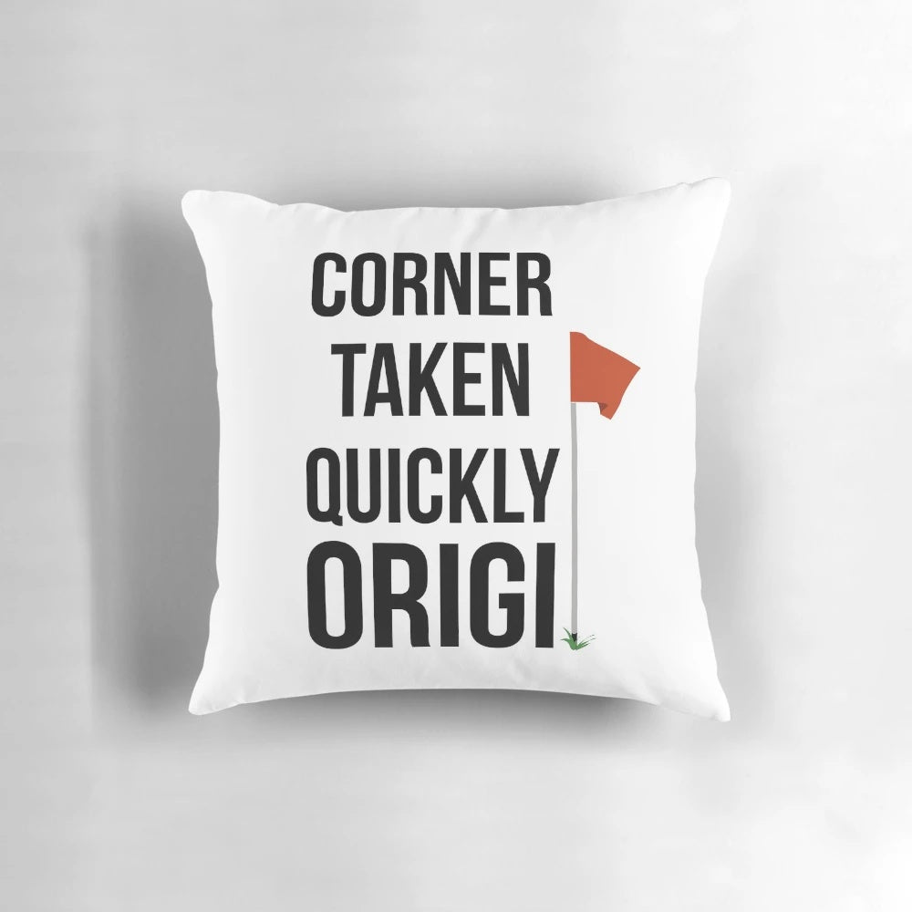 Pillow featuring Divock Origi's iconic "Corner Taken Quickly" moment from the 2019 Champions League semi-final against Barcelona