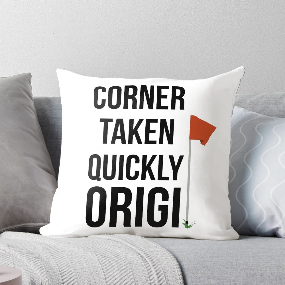 Pillow featuring Divock Origi's iconic "Corner Taken Quickly" moment from the 2019 Champions League semi-final against Barcelona