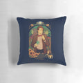 A blue and white "Geronimo!" themed Doctor Who pillow with the iconic phrase and TARDIS design