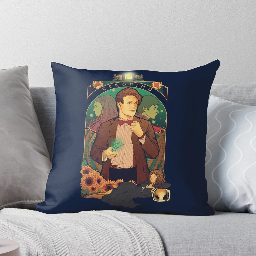 A blue and white "Geronimo!" themed Doctor Who pillow with the iconic phrase and TARDIS design