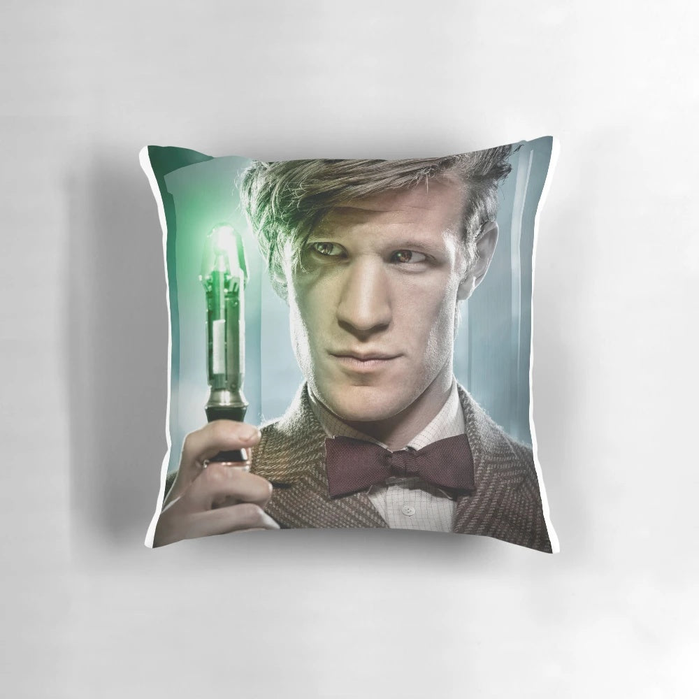 Matt Smith as the Doctor holding a sonic screwdriver on a custom pillow