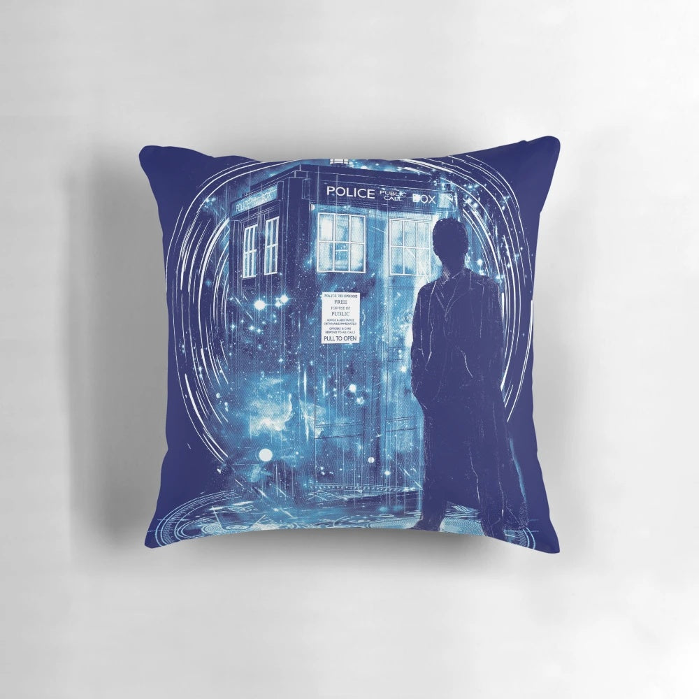 Doctor Who 'Time Storm' decorative throw pillow featuring the TARDIS and time lord imagery