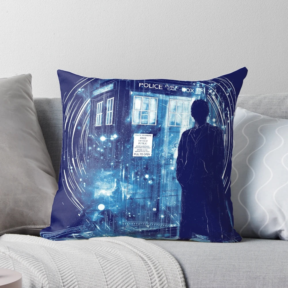 Doctor Who 'Time Storm' decorative throw pillow featuring the TARDIS and time lord imagery