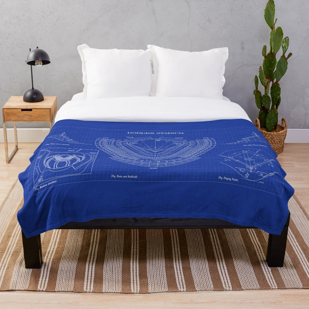 Plush blanket featuring the blueprint design of Dodger Stadium