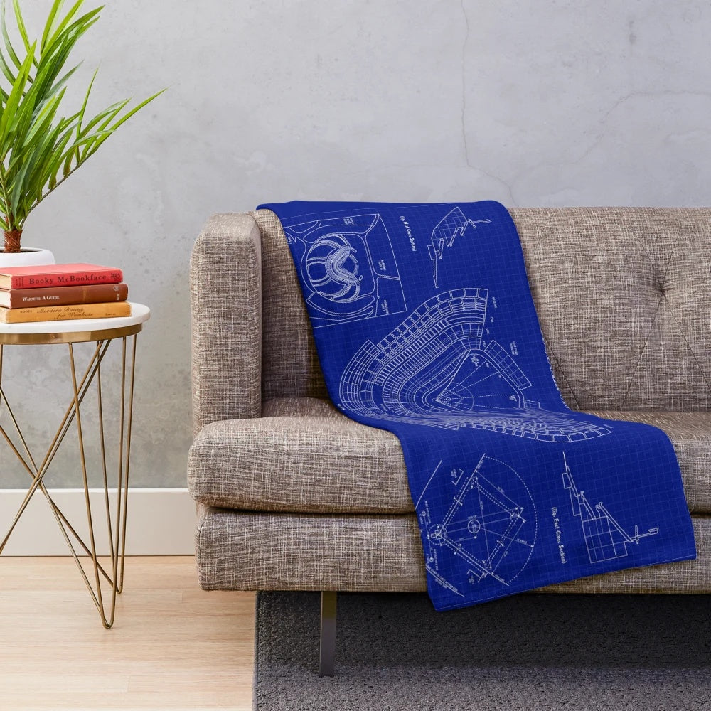 Dodger Stadium inspired plush blanket with blueprint-style field layout design