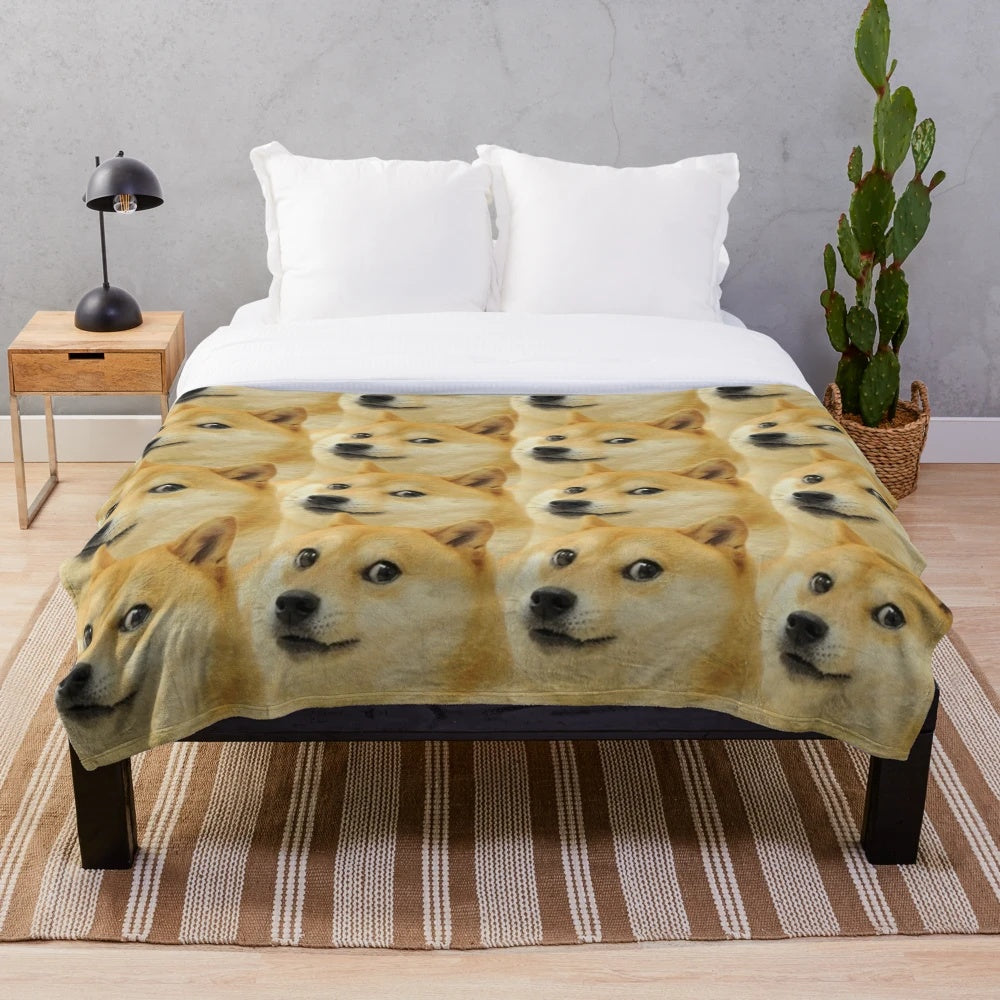 Doge collage plush blanket featuring cute Shiba Inu dogs in a colorful, cartoonish design