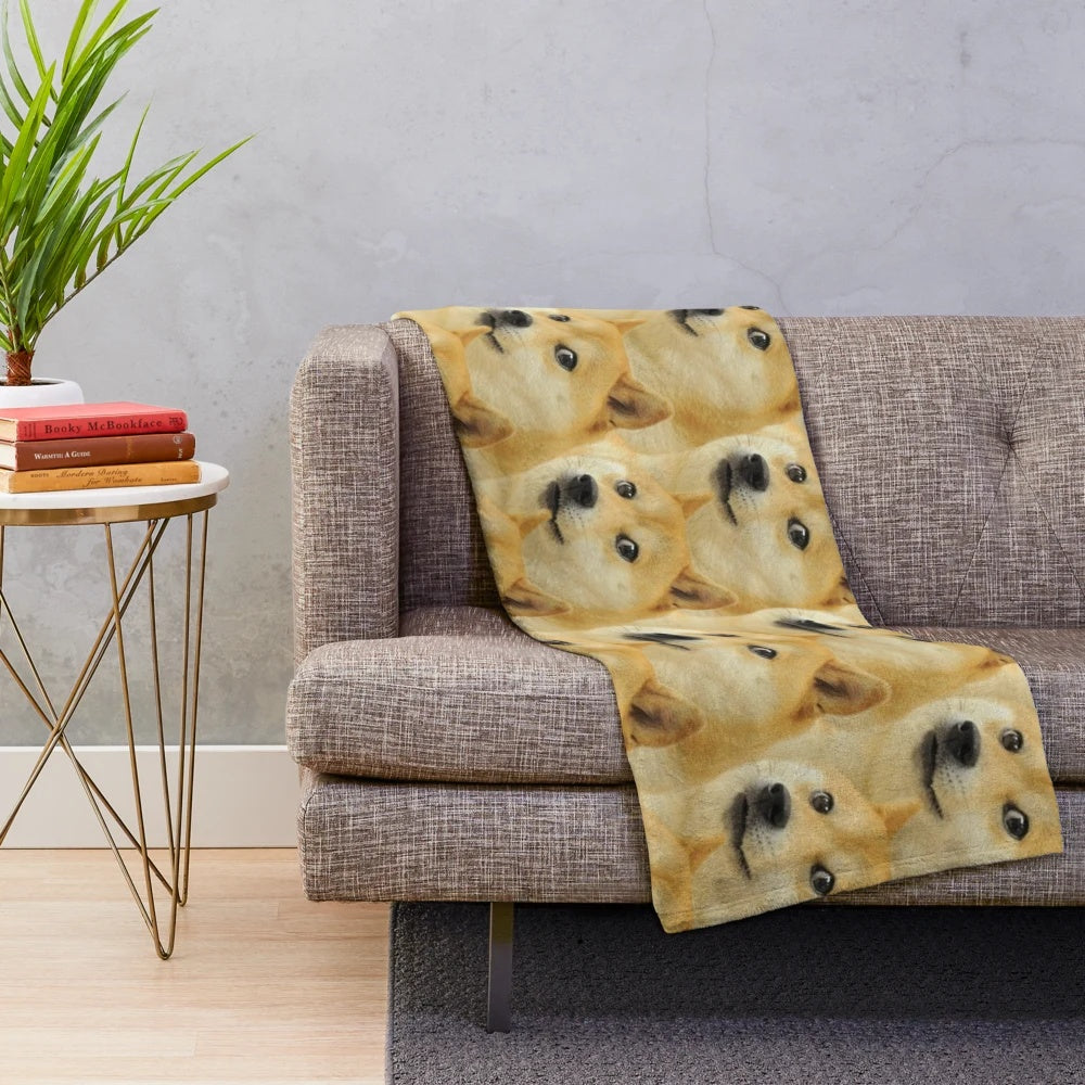 Doge collage plush blanket featuring cute Shiba Inu dogs in a colorful, cartoonish design