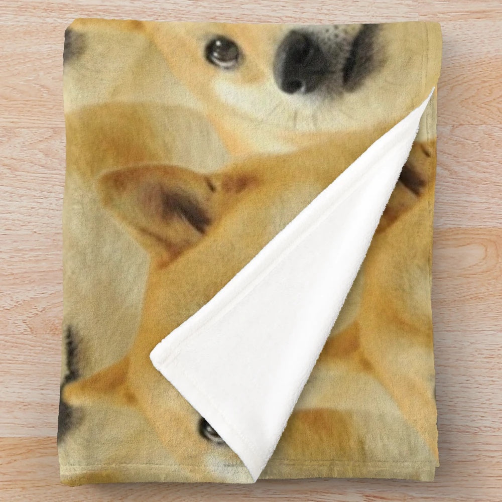 Doge collage plush blanket featuring cute Shiba Inu dogs in a colorful, cartoonish design