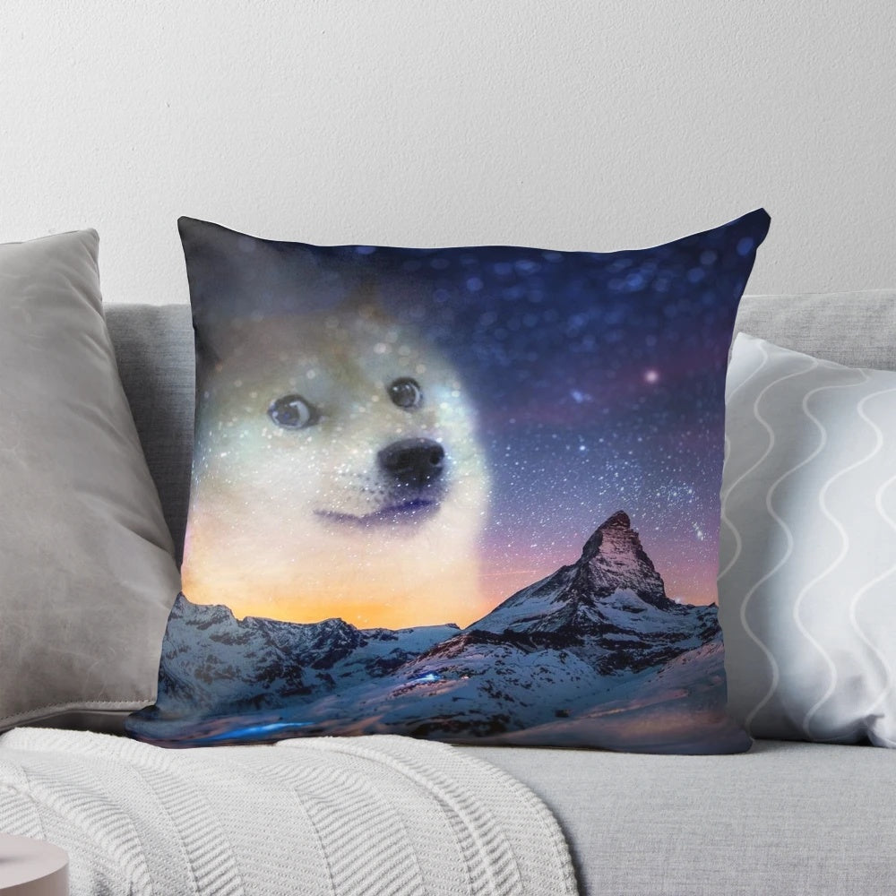 Doge-themed decorative pillow featuring a doge dog meme in a scenic sky