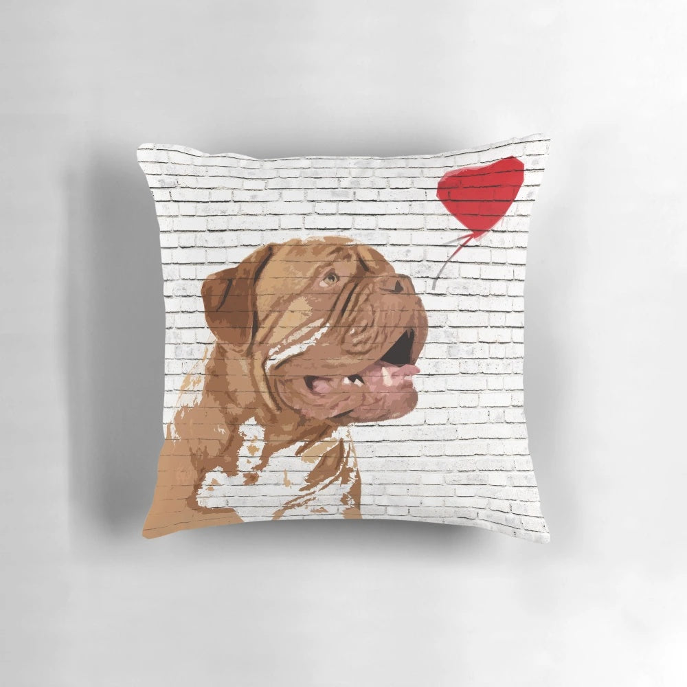 Dogue de Bordeaux dog portrait in Banksy-style art on a decorative pillow