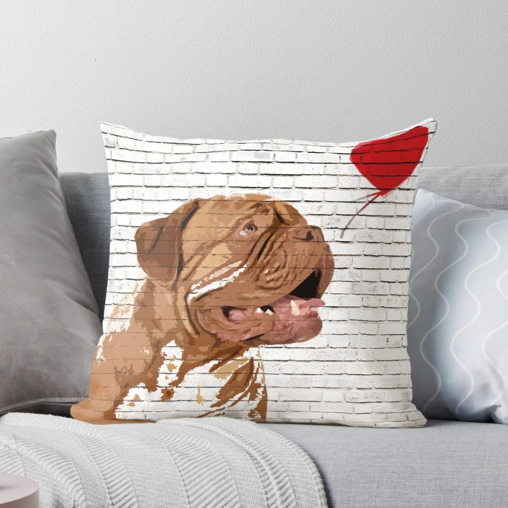 Dogue de Bordeaux dog portrait in Banksy-style art on a decorative pillow