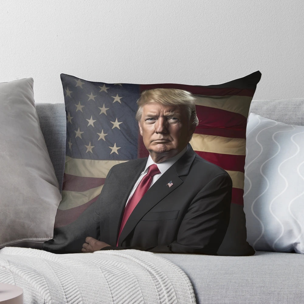 Stylized portrait of former US President Donald Trump on a simple, high-quality pillow