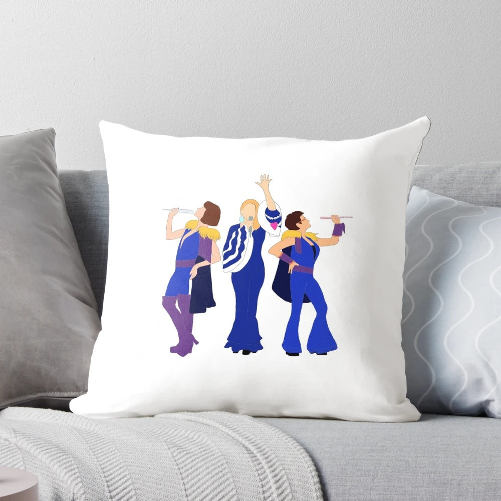 Decorative Mamma Mia-themed pillow featuring the Donna and the Dynamos