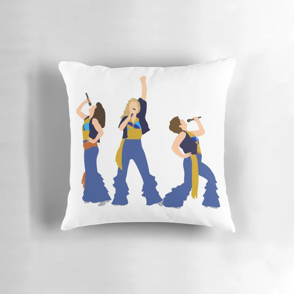 Mamma Mia-themed pillow featuring the iconic Donna and the Dynamos trio