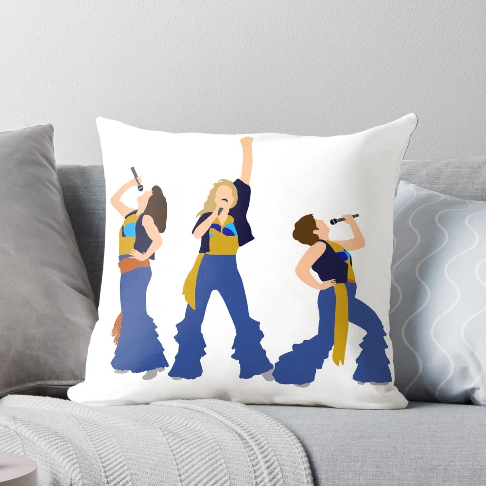 Mamma Mia-themed pillow featuring the iconic Donna and the Dynamos trio
