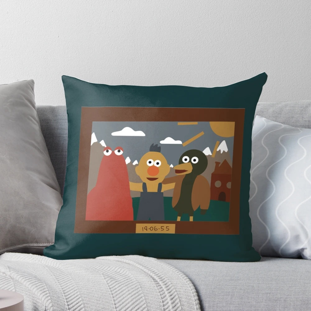 Don't Hug Me I'm Scared Minimalist Pillow featuring the iconic characters from the YouTube series