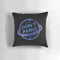 Don't Panic" Retro Sci-Fi Pillow featuring the iconic quote from Douglas Adams' Hitchhiker's Guide to the Galaxy