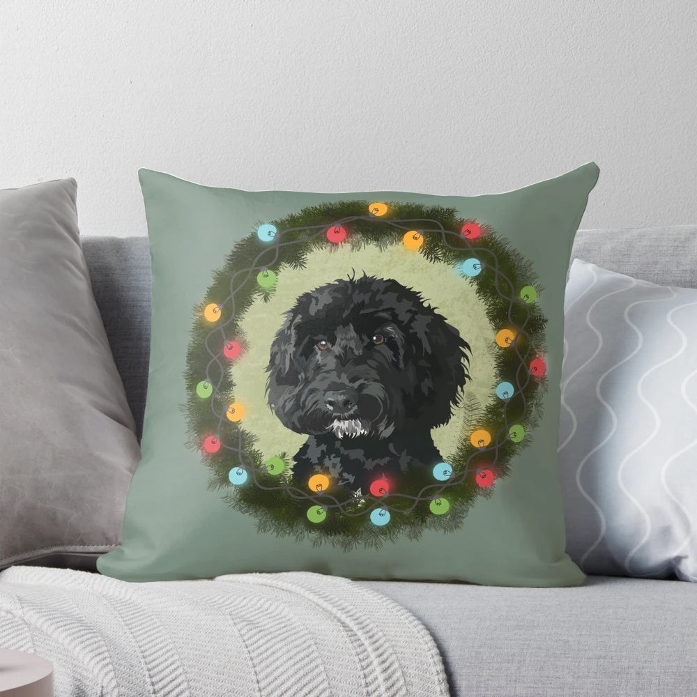 Doodle Christmas pillow with a wreath design and dog silhouettes