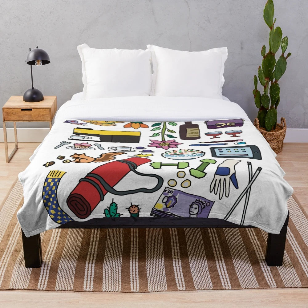 Doodle plush blanket featuring cute hobbies and cartoon elements