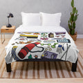 Doodle plush blanket featuring cute hobbies and cartoon elements