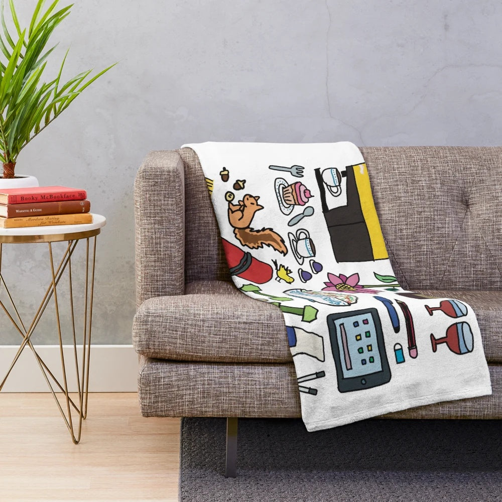 Doodle plush blanket featuring cute hobbies and cartoon elements
