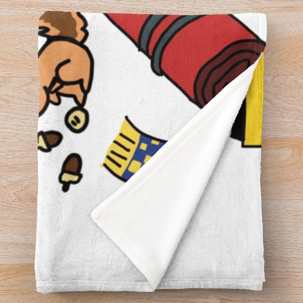 Doodle plush blanket featuring cute hobbies and cartoon elements