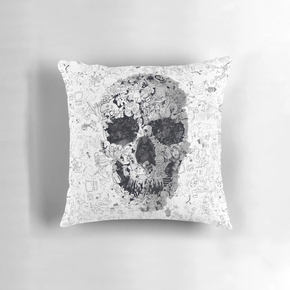 Doodle skull decorative pillow featuring a black and white collage design