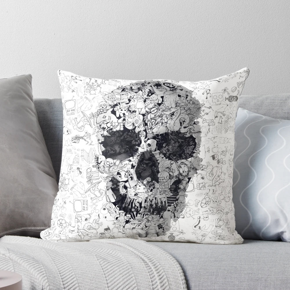 Doodle skull decorative pillow featuring a black and white collage design