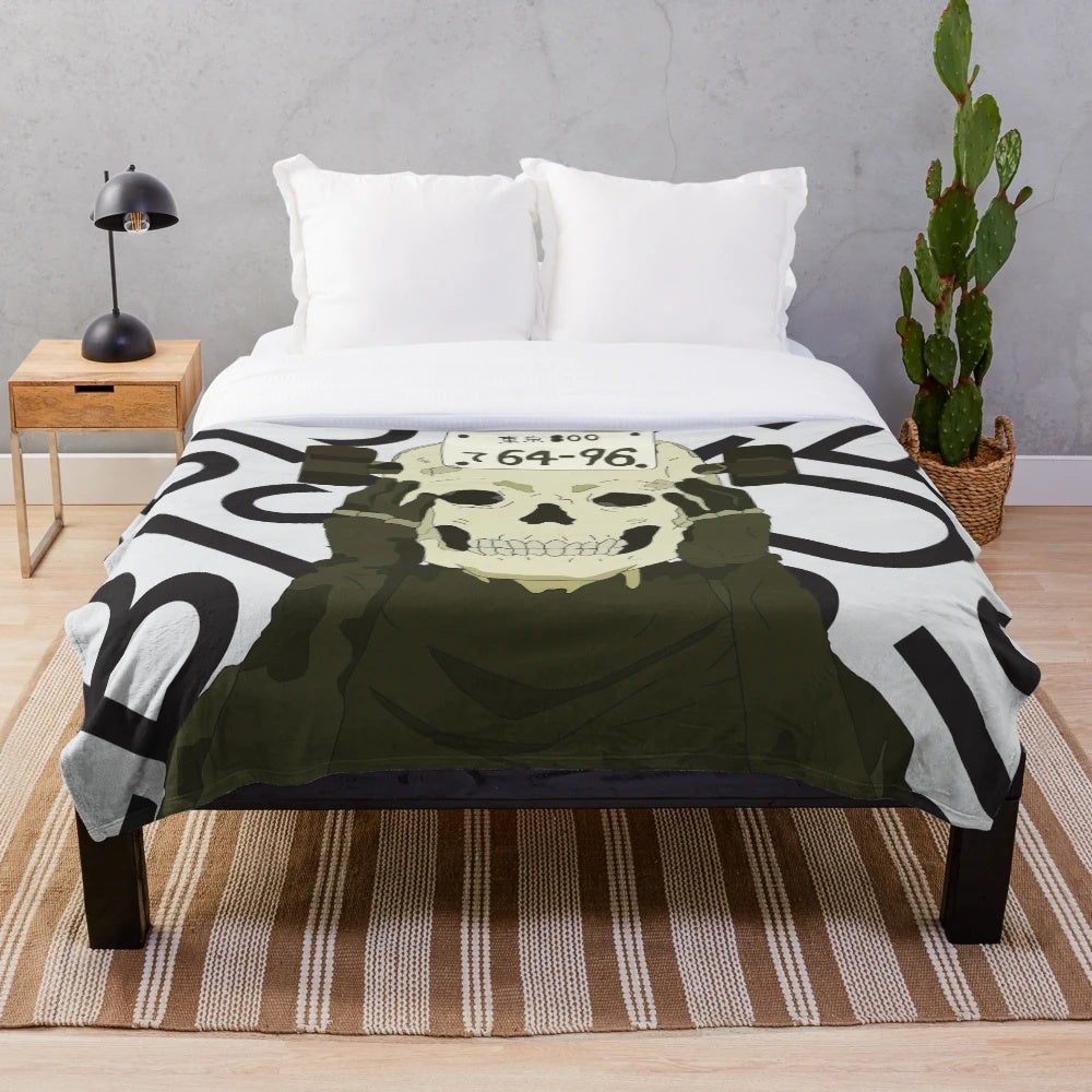 Dorohedoro Ebisu plush blanket featuring a shocked skeleton character