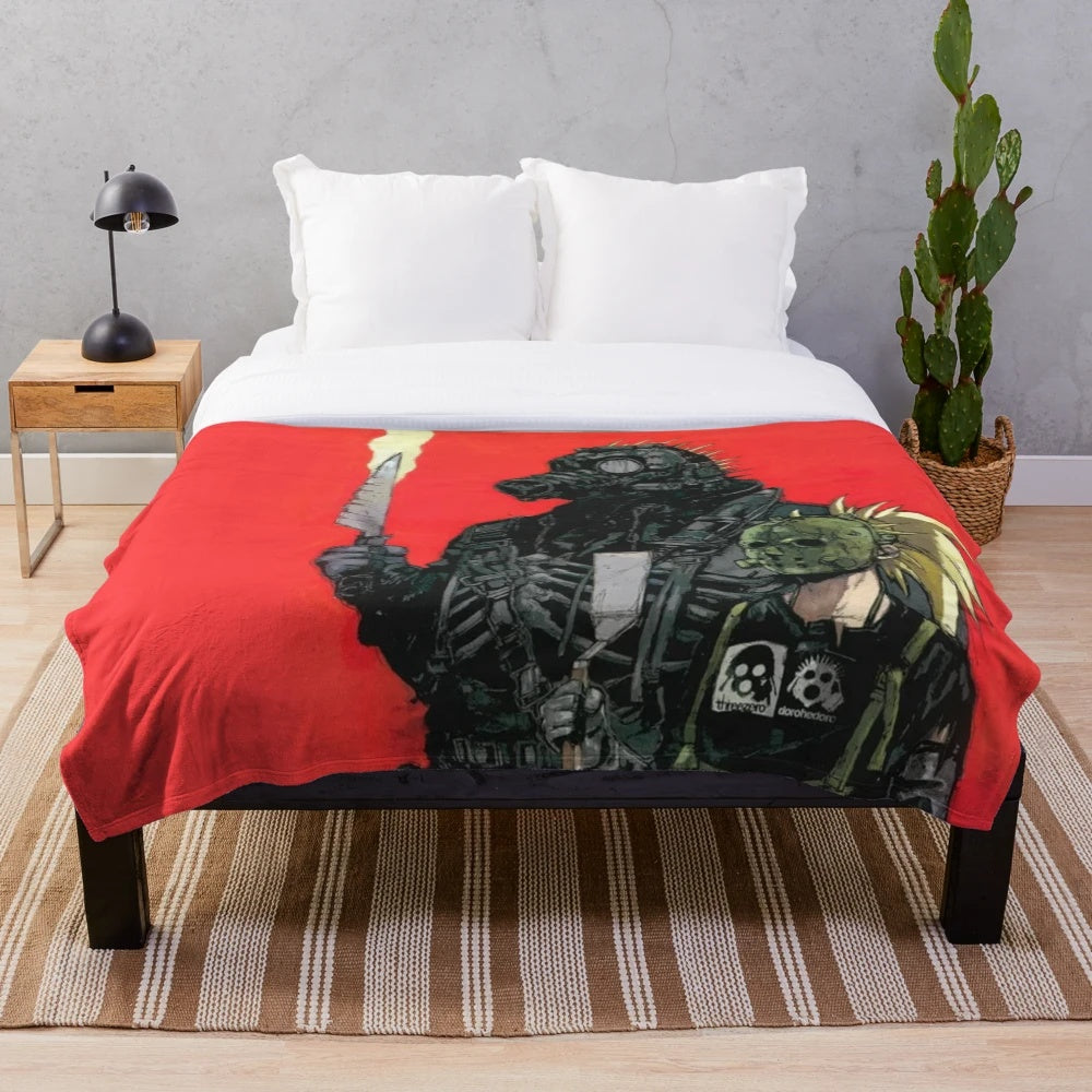 Dorohedoro inspired plush blanket featuring characters Kaiman, Nikaido, and Noi