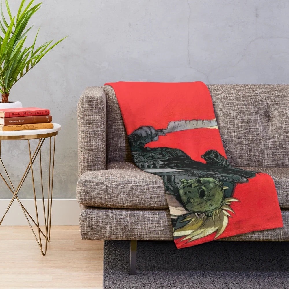 Dorohedoro inspired plush blanket featuring characters Kaiman, Nikaido, and Noi