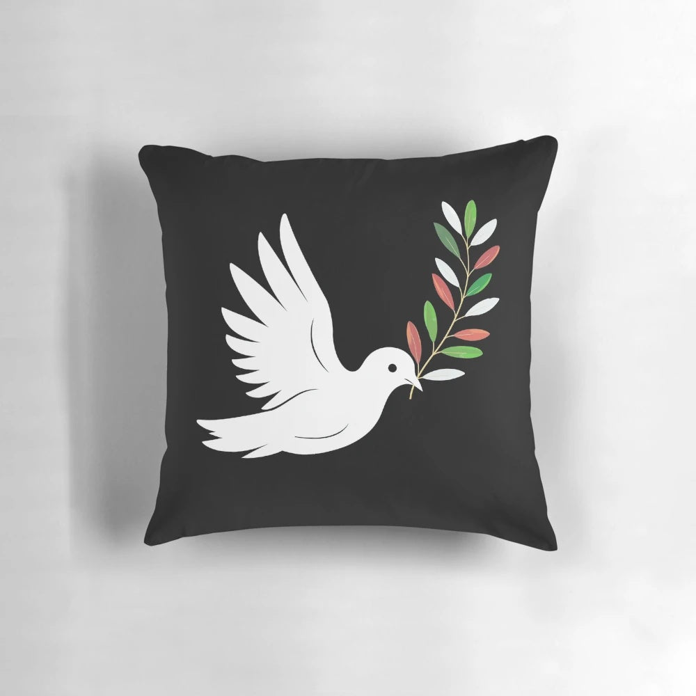 Dove of peace design with colorful olive branch on decorative throw pillow