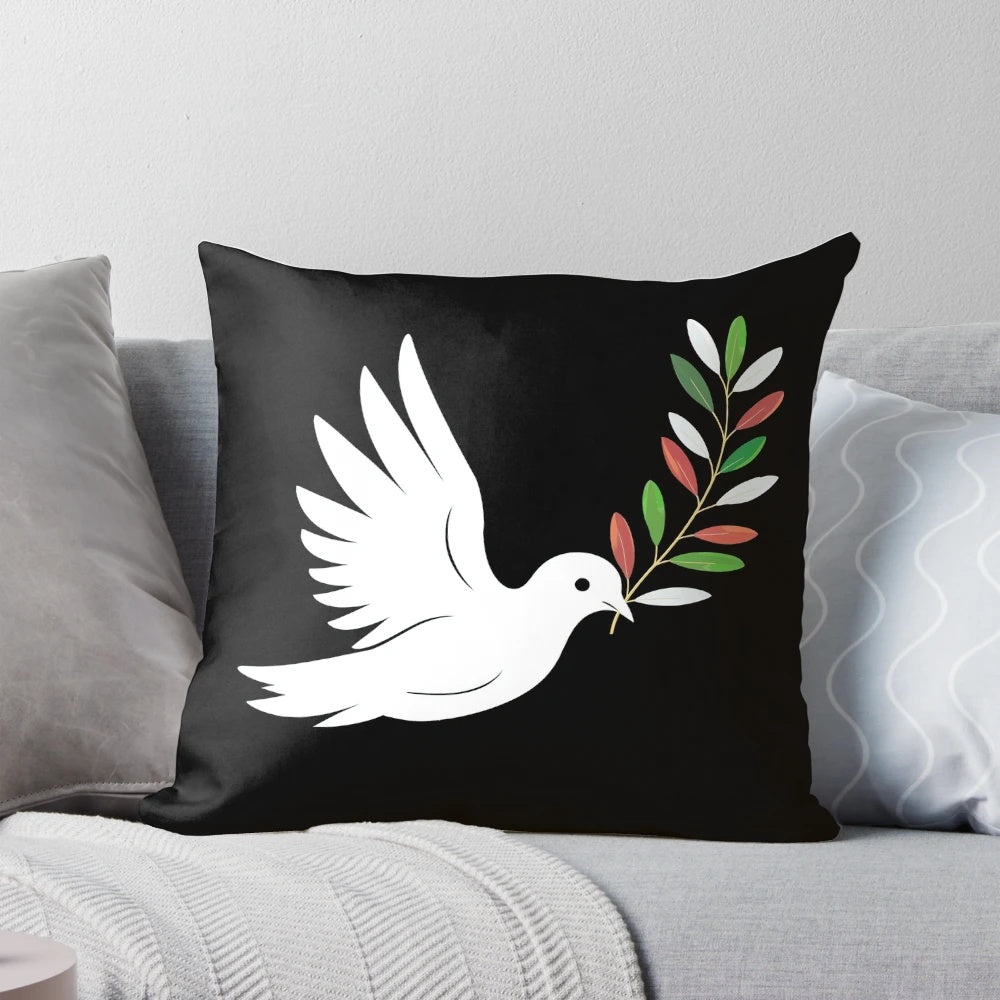 Dove of peace design with colorful olive branch on decorative throw pillow