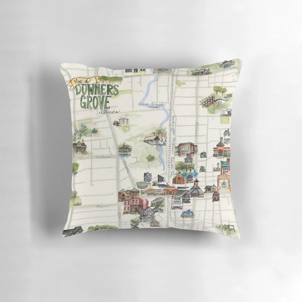 Downers Grove Illustrated Map Pillow featuring a detailed map design of Downers Grove, Illinois