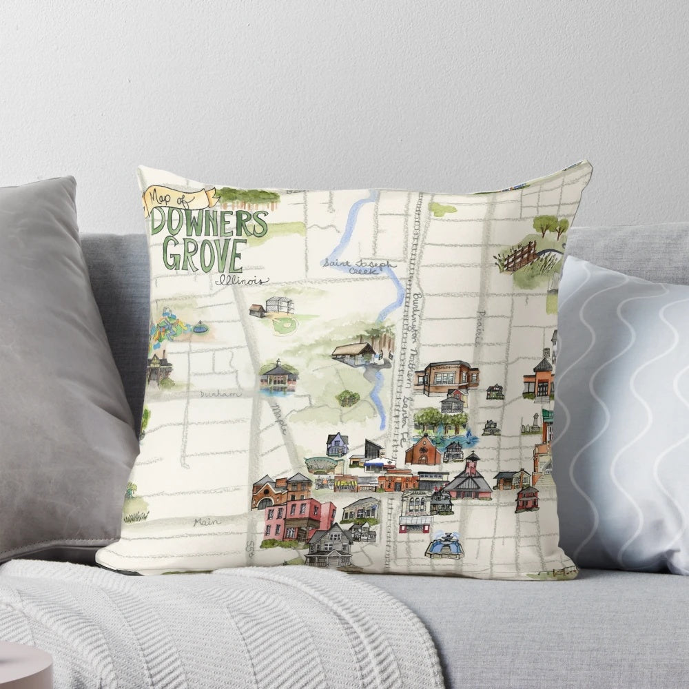 Downers Grove Illustrated Map Pillow featuring a detailed map design of Downers Grove, Illinois