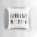 Decorative throw pillow featuring caricature portraits of the characters from the hit TV series Downton Abbey.