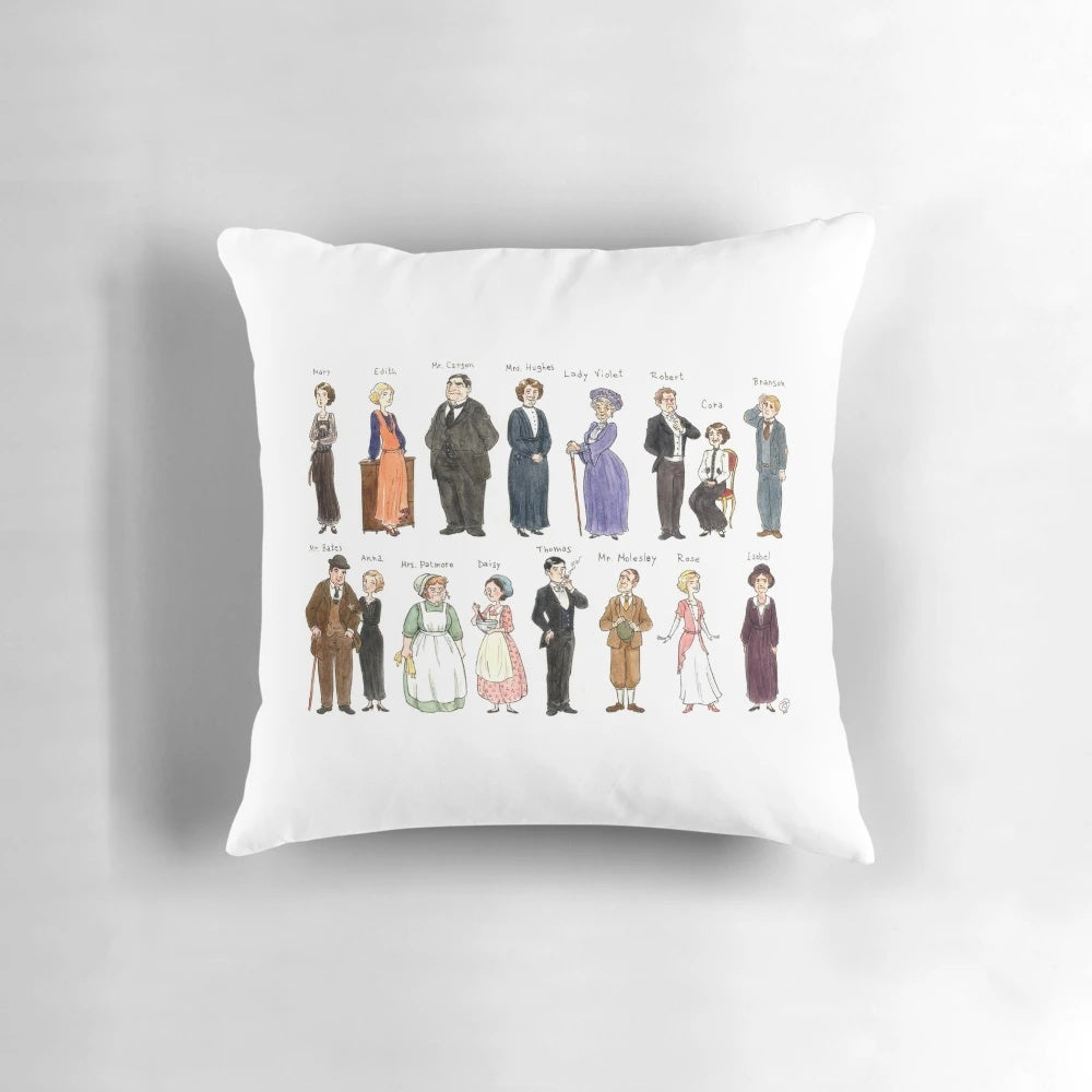 Decorative throw pillow featuring caricature portraits of the characters from the hit TV series Downton Abbey.