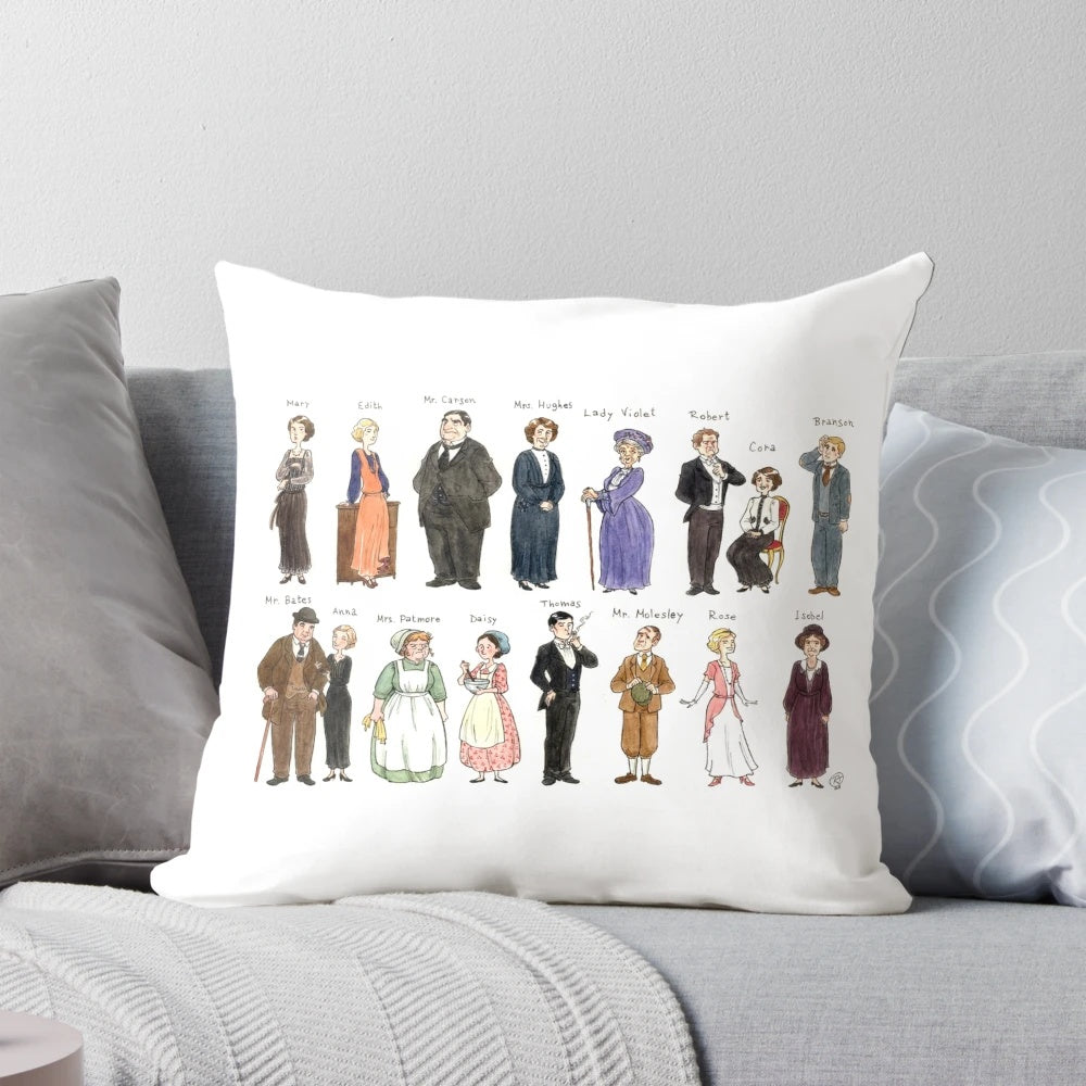 Decorative throw pillow featuring caricature portraits of the characters from the hit TV series Downton Abbey.