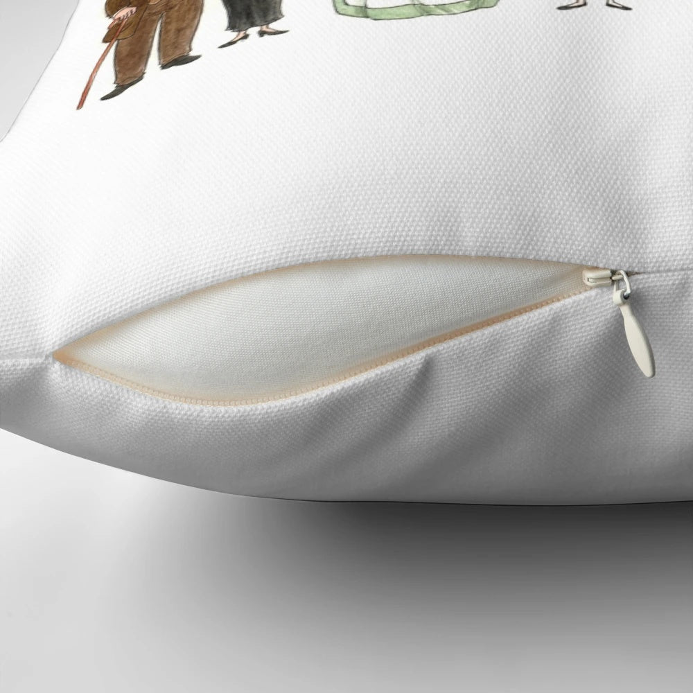 Decorative throw pillow featuring caricature portraits of the characters from the hit TV series Downton Abbey.