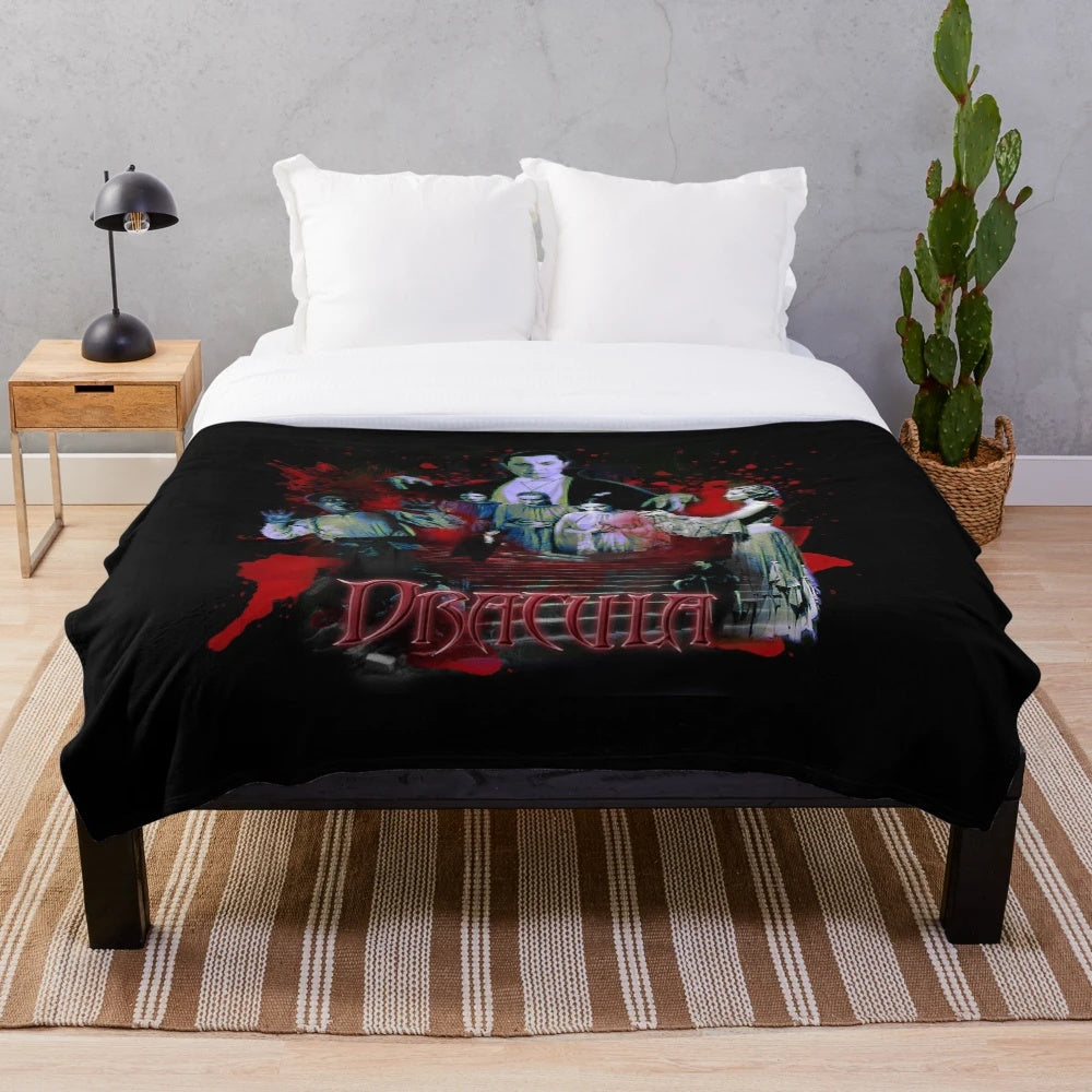Dracula-inspired plush blanket with classic horror movie imagery
