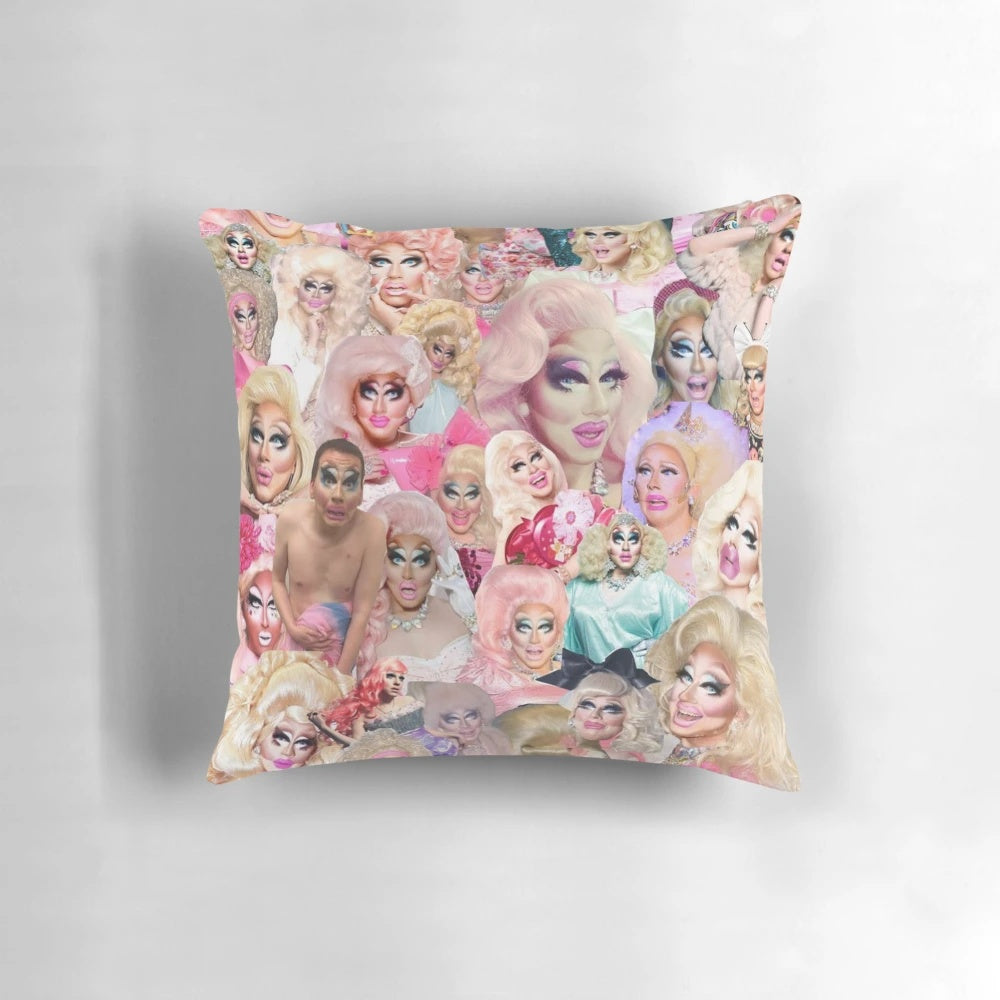 Colorful Trixie Mattel-inspired collage throw pillow