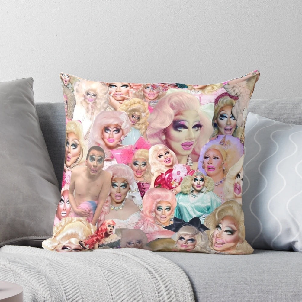 Colorful Trixie Mattel-inspired collage throw pillow
