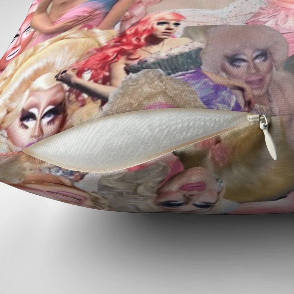 Colorful Trixie Mattel-inspired collage throw pillow